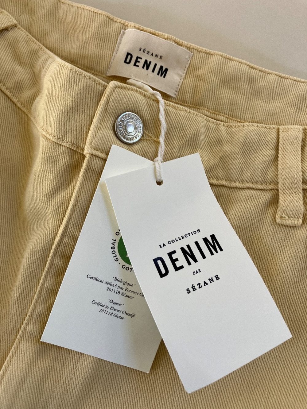 Sezane Wide Leg Denim Trousers US Size 12 TALL Butter Yellow NWT